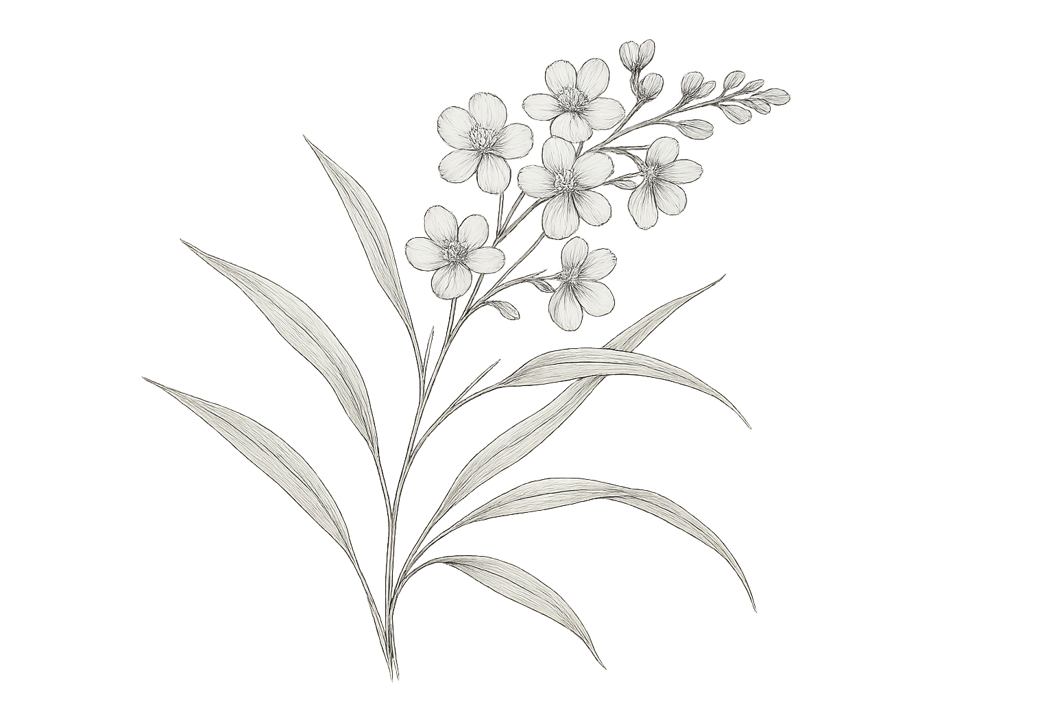 black and white sketch of a fresh blooming stem of a plant with small flower and long and thin leaves with no background color
